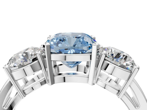 White gold Three-Stone Fancy Blue Cushion Cut Diamond Ring with Round Side Stones, Classic Band, and Four-Prong Setting_4
