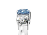 White gold Three-Stone Fancy Blue Cushion Cut Diamond Ring with Round Side Stones, Classic Band, and Four-Prong Setting_5