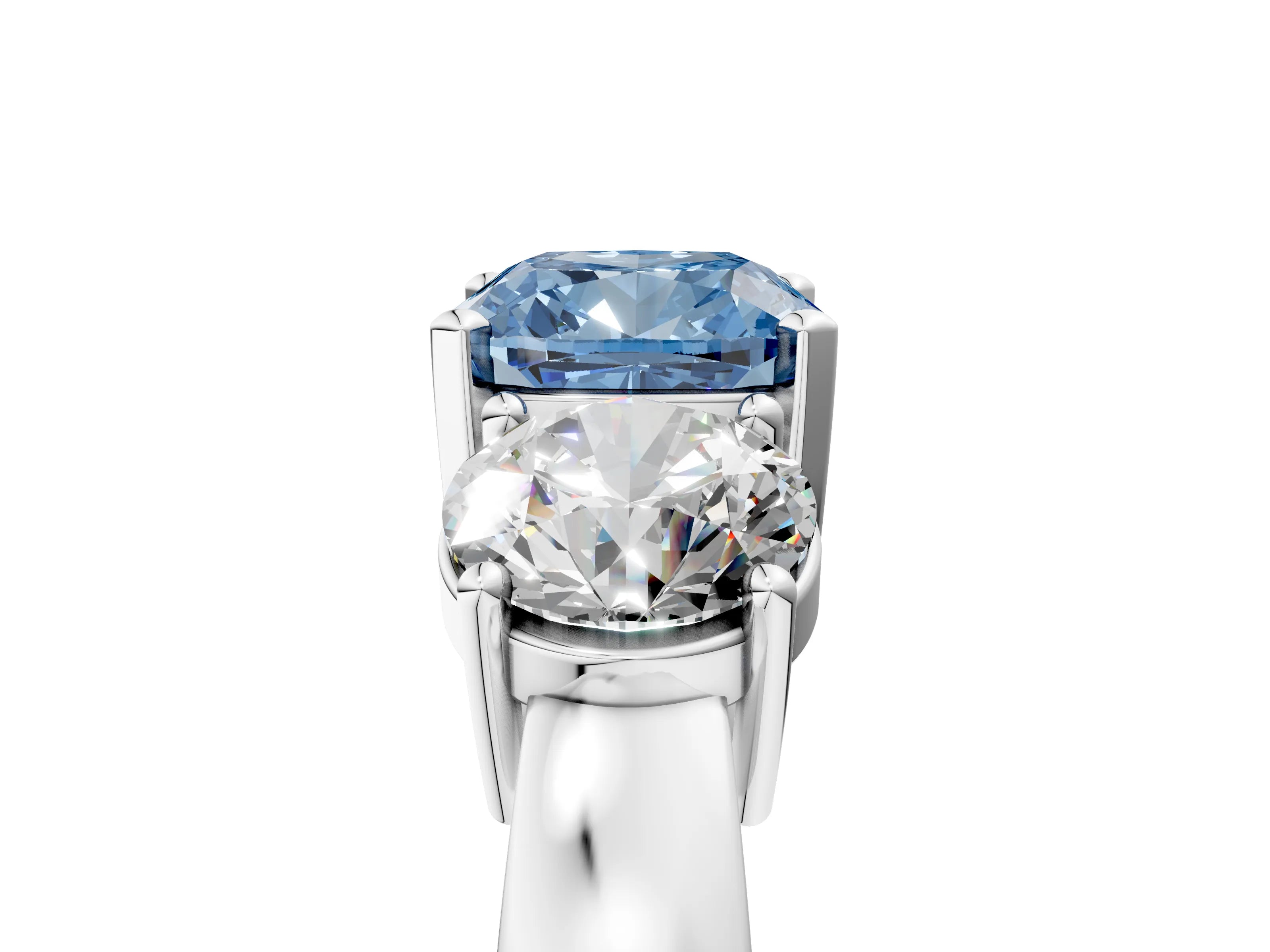 White gold Three-Stone Fancy Blue Cushion Cut Diamond Ring with Round Side Stones, Classic Band, and Four-Prong Setting_5