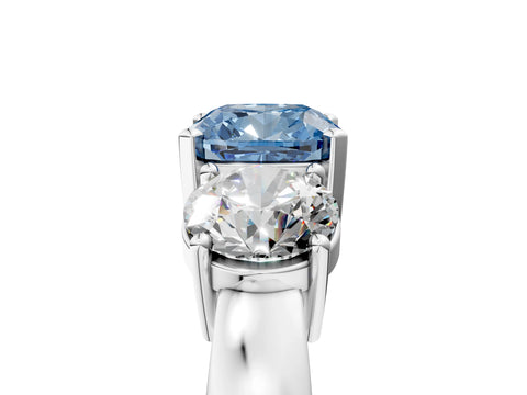 White gold Three-Stone Fancy Blue Cushion Cut Diamond Ring with Round Side Stones, Classic Band, and Four-Prong Setting_5