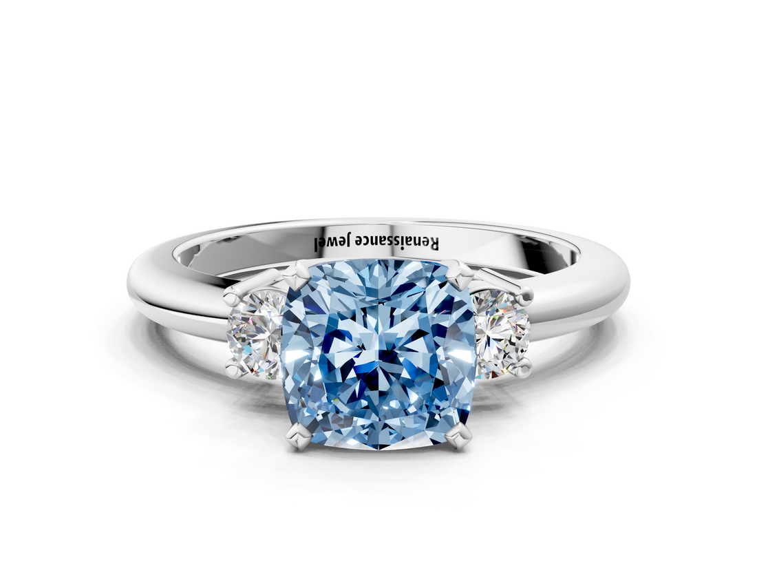 White gold Three-Stone Fancy Blue Cushion  Cut Diamond Solitaire with Prong Setting and Classic Band_58