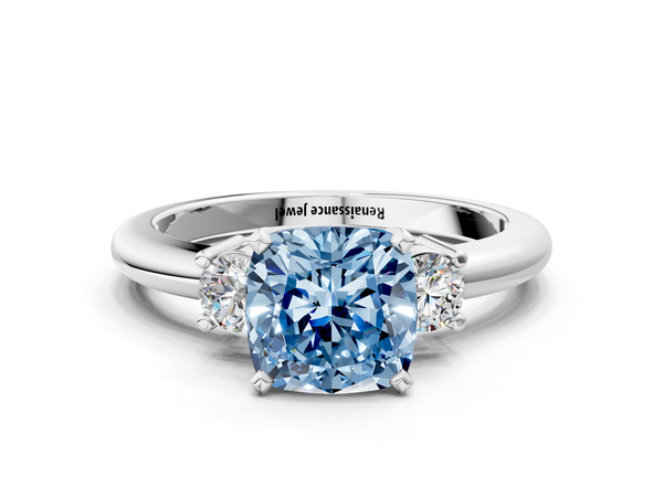 Platinum Three-Stone Fancy Blue Cushion  Cut Diamond Solitaire with Prong Setting and Classic Band