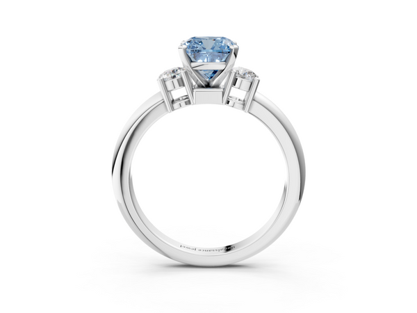 Platinum Three-Stone Fancy Blue Cushion  Cut Diamond Solitaire with Prong Setting and Classic Band
