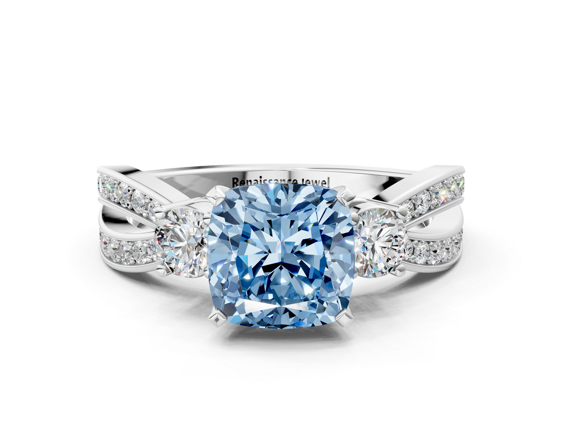 White gold Three-Stone Fancy Blue Cushion  Cut Diamond Twist Band with Prong Setting_33