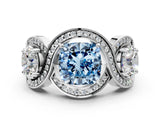 White gold Three-Stone Fancy Blue Cushion Cut Diamond Wave Pave Band with Prong Setting_24