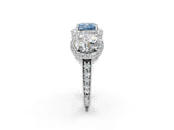 White gold Three-Stone Fancy Blue Cushion Cut Halo Diamond Milgrain Band with Four-Prong Setting_2