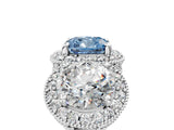 White gold Three-Stone Fancy Blue Cushion Cut Halo Diamond Milgrain Band with Four-Prong Setting_5
