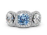 White gold Three-Stone Fancy Blue Cushion Cut Halo Diamond Milgrain Band with Four-Prong Setting