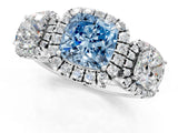 White gold Three-Stone Fancy Blue Cushion Cut Halo Diamond Ring with Pave Band and Four-Prong Setting_1