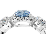 White gold Three-Stone Fancy Blue Cushion Cut Halo Diamond Ring with Pave Band and Four-Prong Setting_4