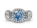 White gold Three-Stone Fancy Blue Cushion Cut Halo Diamond Ring with Pave Band and Four-Prong Setting