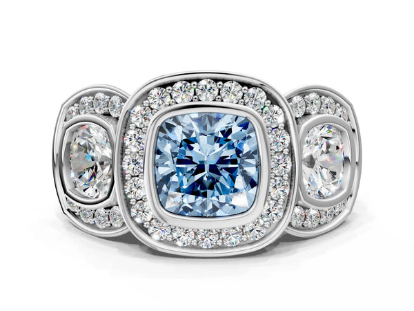 Platinum Three-Stone Fancy Blue Cushion Cut Halo Pavé Diamond Ring