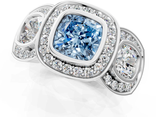 Platinum Three-Stone Fancy Blue Cushion Cut Halo Pavé Diamond Ring