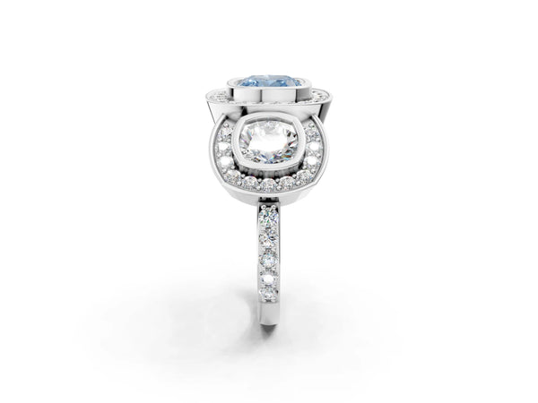 Platinum Three-Stone Fancy Blue Cushion Cut Halo Pavé Diamond Ring