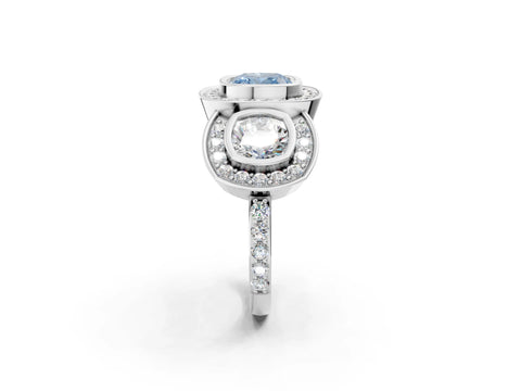 White gold Three-Stone Fancy Blue Cushion Cut Halo Pavé Diamond Ring_2