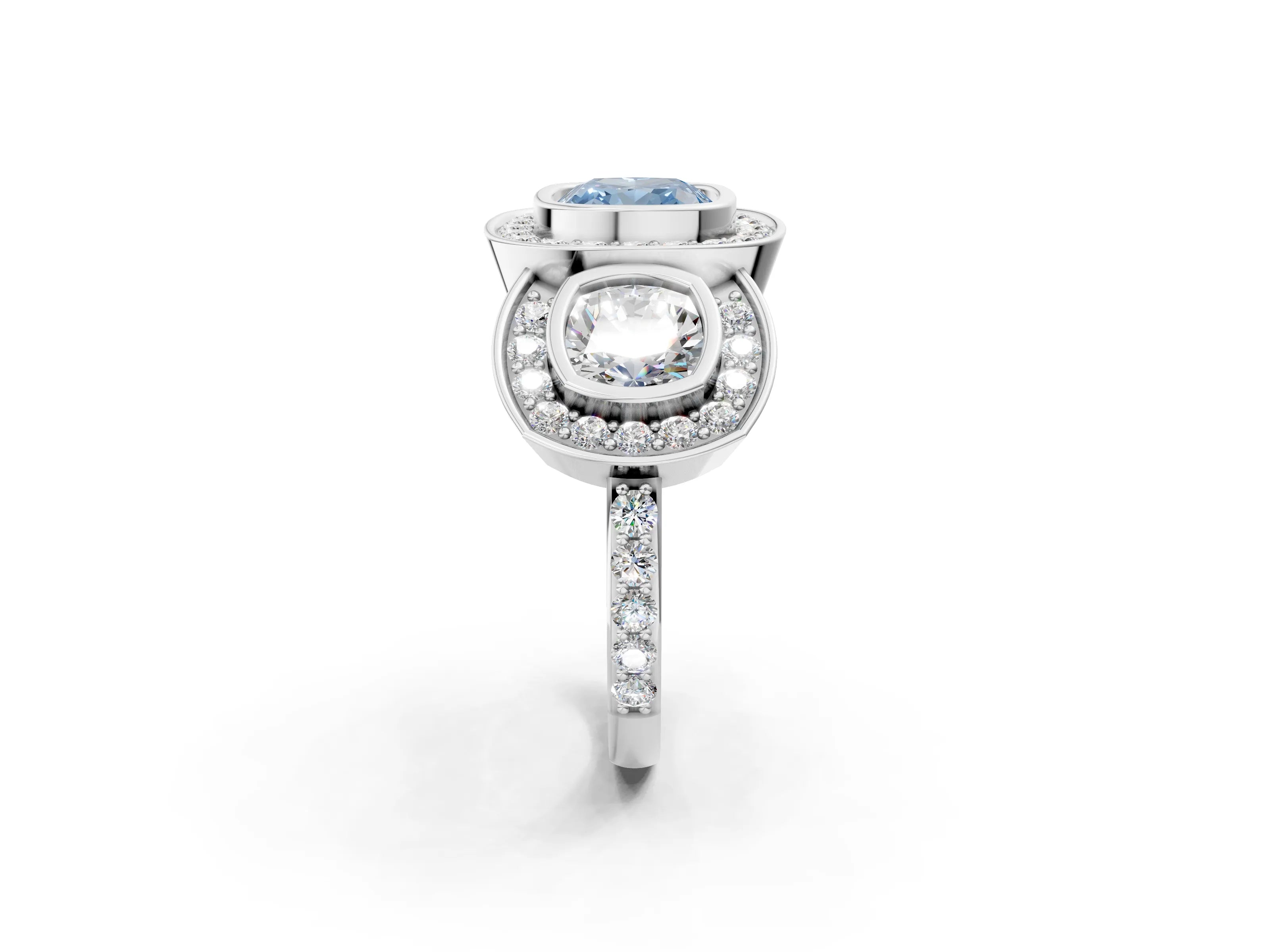 White gold Three-Stone Fancy Blue Cushion Cut Halo Pavé Diamond Ring_2