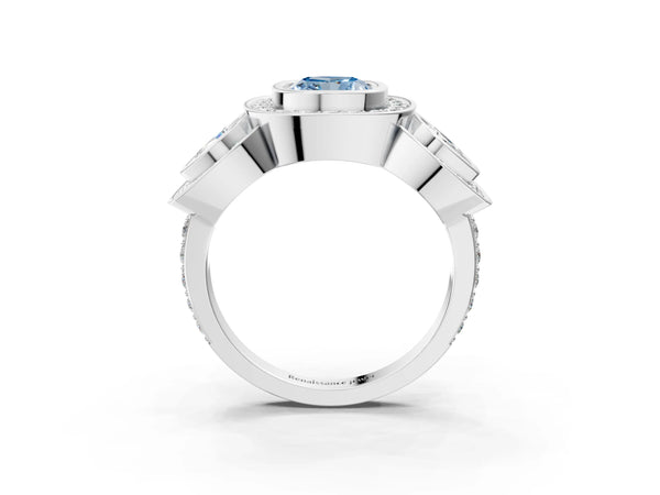 Platinum Three-Stone Fancy Blue Cushion Cut Halo Pavé Diamond Ring