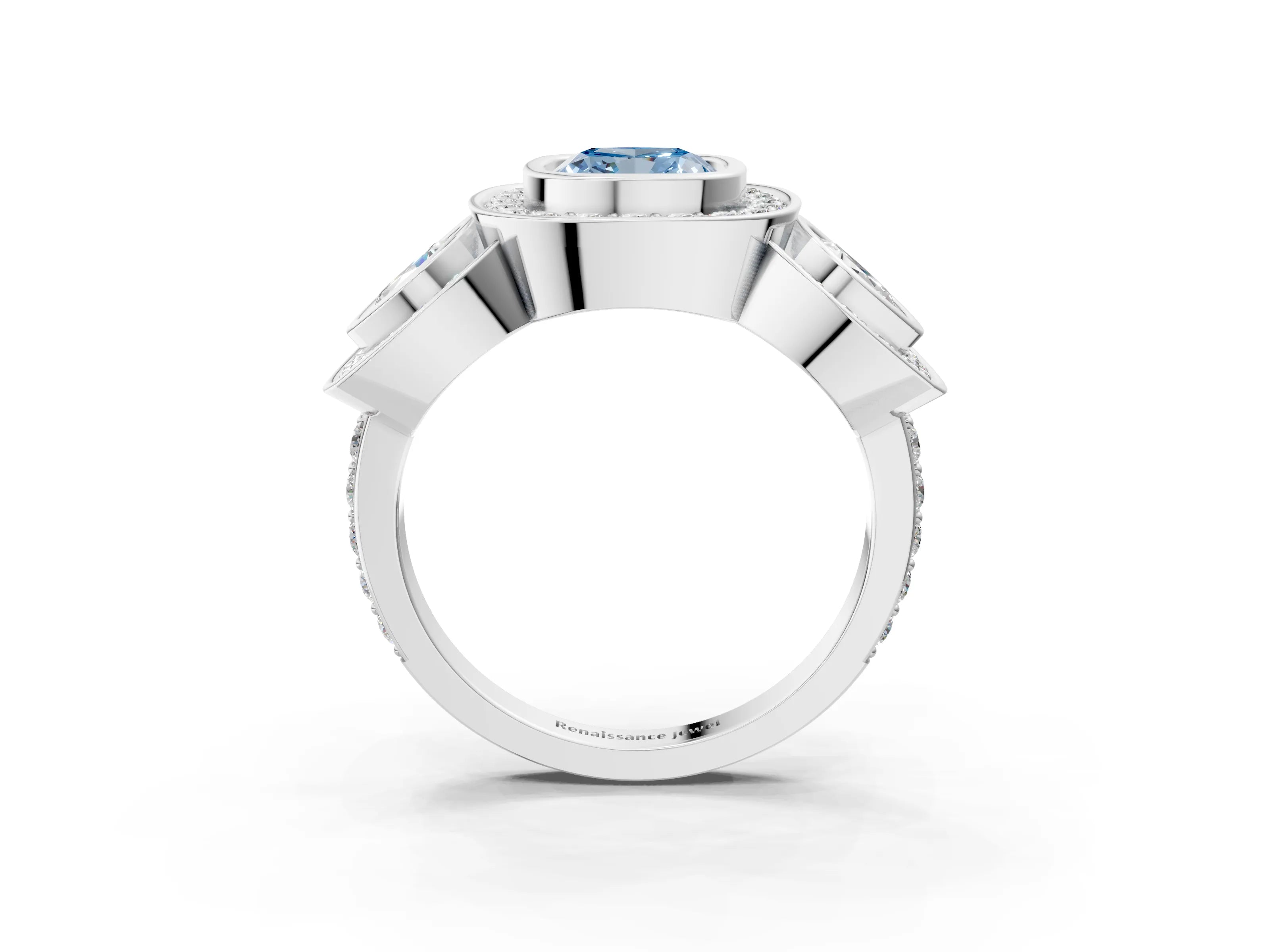 White gold Three-Stone Fancy Blue Cushion Cut Halo Pavé Diamond Ring_3