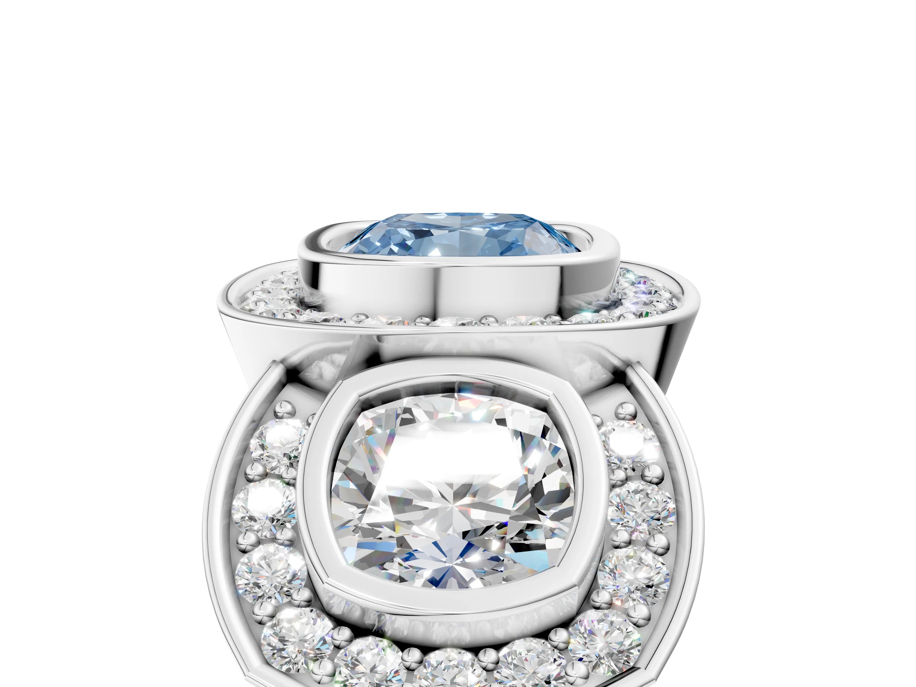 White gold Three-Stone Fancy Blue Cushion Cut Halo Pavé Diamond Ring_5