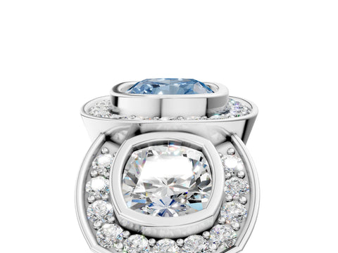 White gold Three-Stone Fancy Blue Cushion Cut Halo Pavé Diamond Ring_5