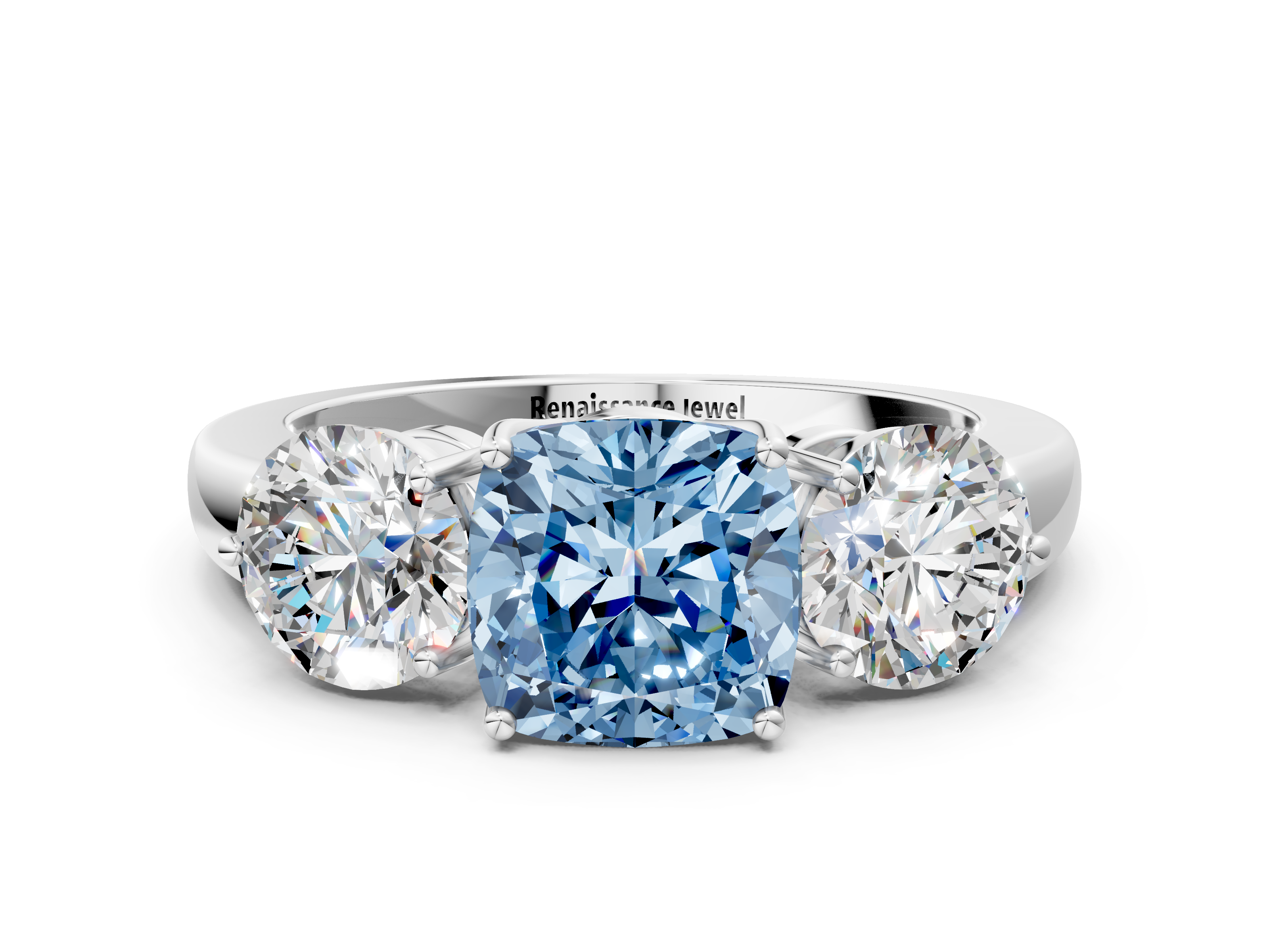 White gold Three-Stone Fancy Blue Cushion  Cut Solitaire Ring with Prong Setting on a Classic Band_61