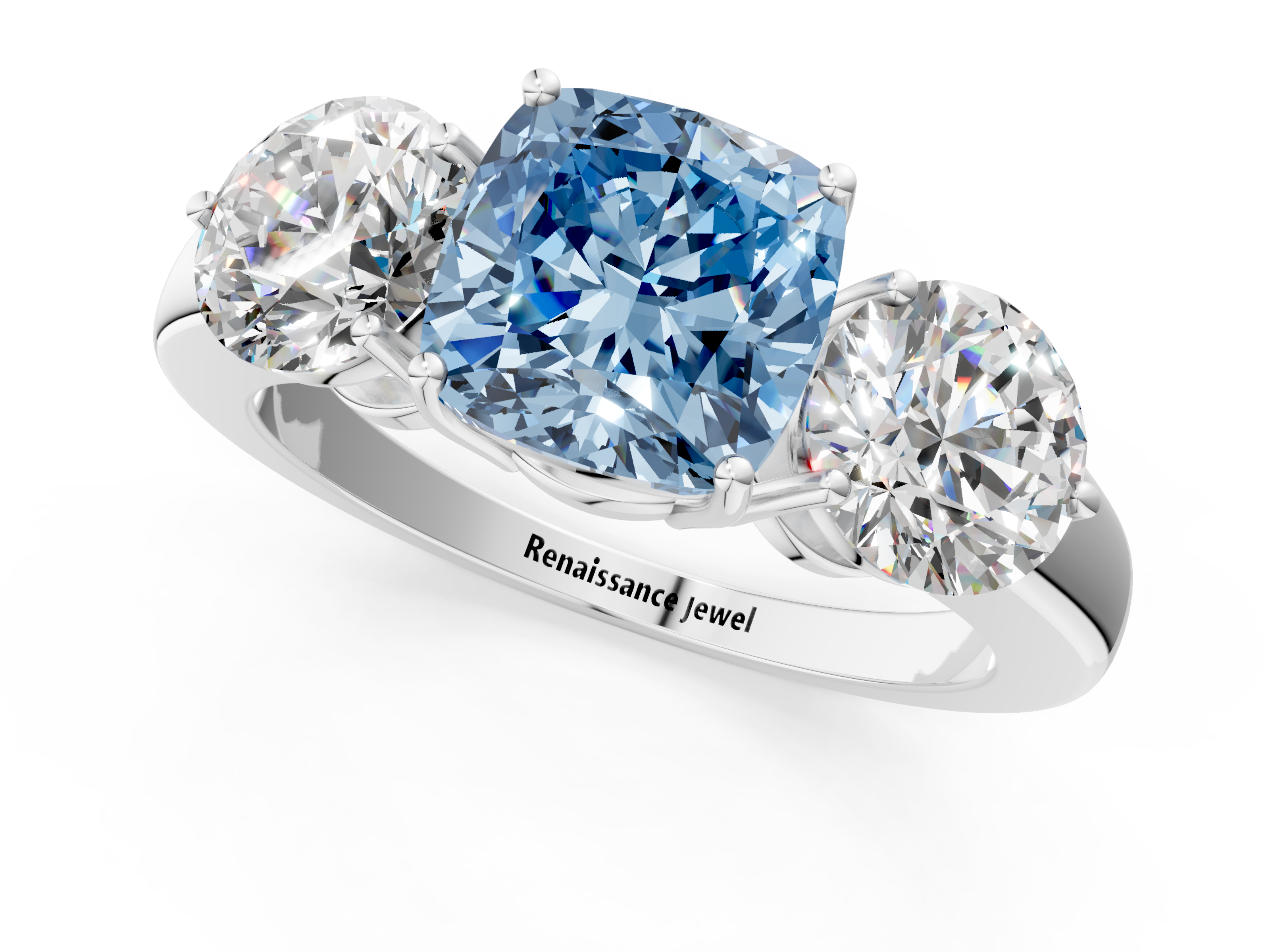 White gold Three-Stone Fancy Blue Cushion  Cut Solitaire Ring with Prong Setting on a Classic Band_62