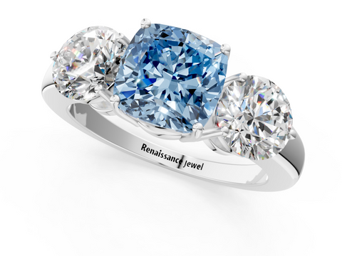 White gold Three-Stone Fancy Blue Cushion  Cut Solitaire Ring with Prong Setting on a Classic Band_62