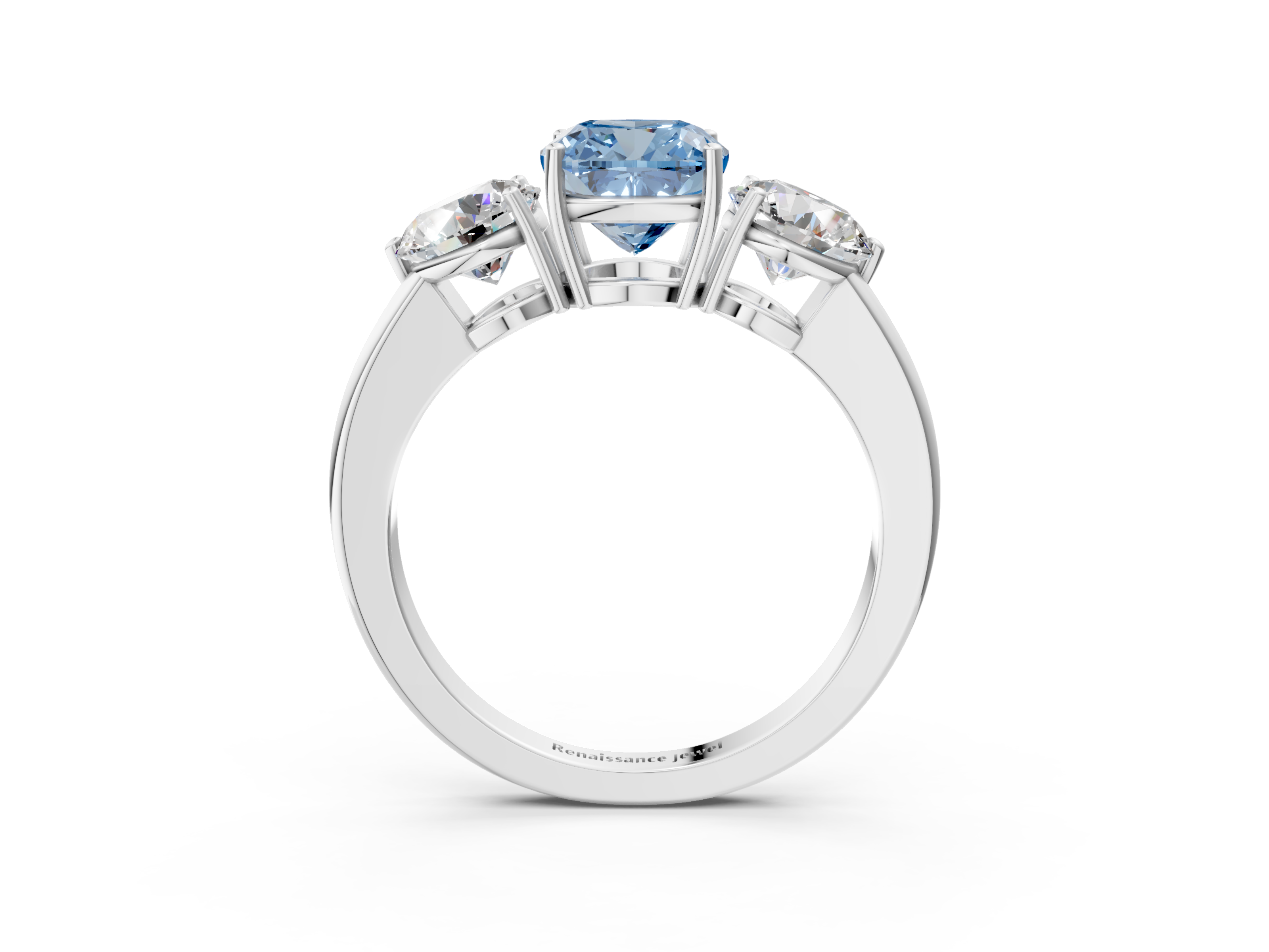 White gold Three-Stone Fancy Blue Cushion  Cut Solitaire Ring with Prong Setting on a Classic Band_64