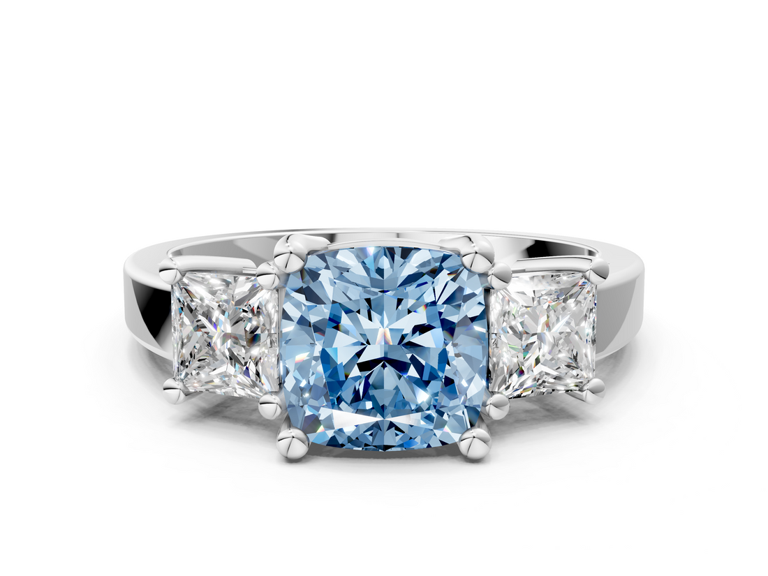 White gold Three-Stone Fancy Blue Cushion  Cut Solitaire Ring with Prong Setting_3