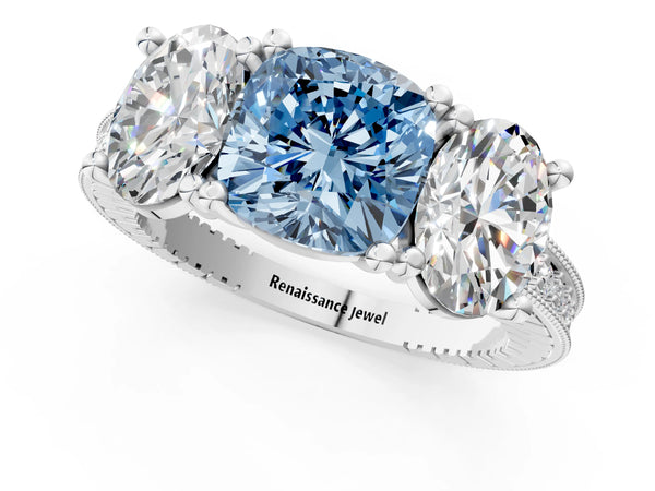 White gold Three-Stone Fancy Blue Cushion  Diamond Milgrain Pave Band with Prong Setting