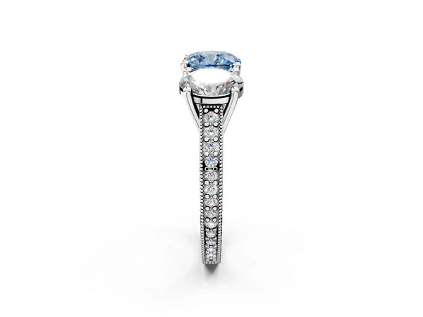 White gold Three-Stone Fancy Blue Cushion  Diamond Milgrain Pave Band with Prong Setting