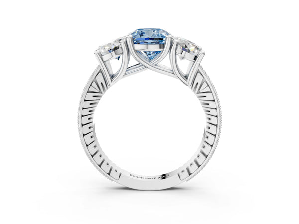 White gold Three-Stone Fancy Blue Cushion  Diamond Milgrain Pave Band with Prong Setting