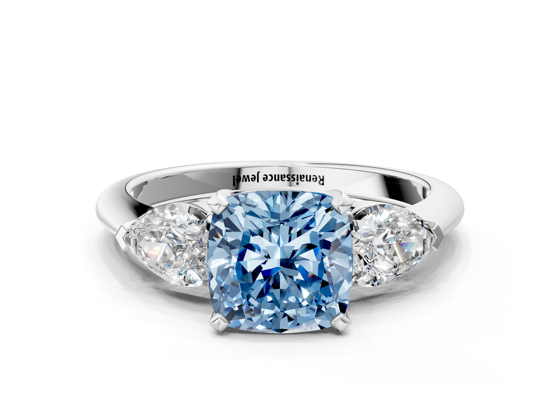 White gold Three-Stone Fancy Blue Cushion  Diamond Ring with Pear Side Stones in Four-Prong Setting_113