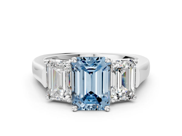 White gold Three-Stone Fancy Blue Emerald Cut Brilliant Diamond Trellis Ring with Comfort Fit Band