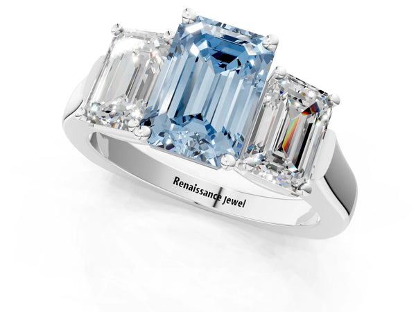 White gold Three-Stone Fancy Blue Emerald Cut Brilliant Diamond Trellis Ring with Comfort Fit Band