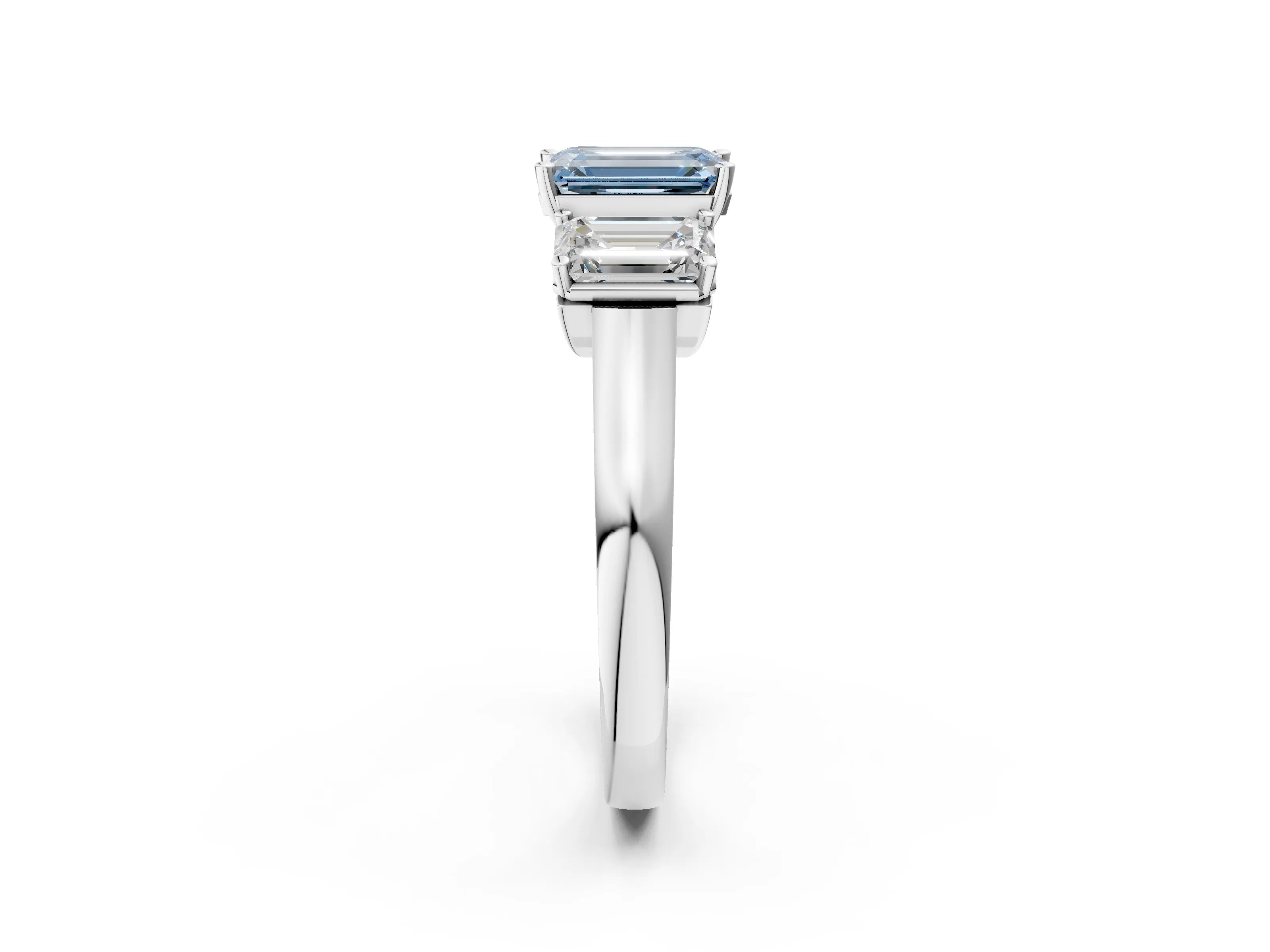 White gold Three-Stone Fancy Blue Emerald Cut Brilliant Diamond Trellis Ring with Comfort Fit Band_14