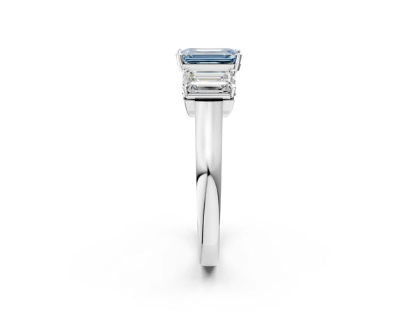 White gold Three-Stone Fancy Blue Emerald Cut Brilliant Diamond Trellis Ring with Comfort Fit Band