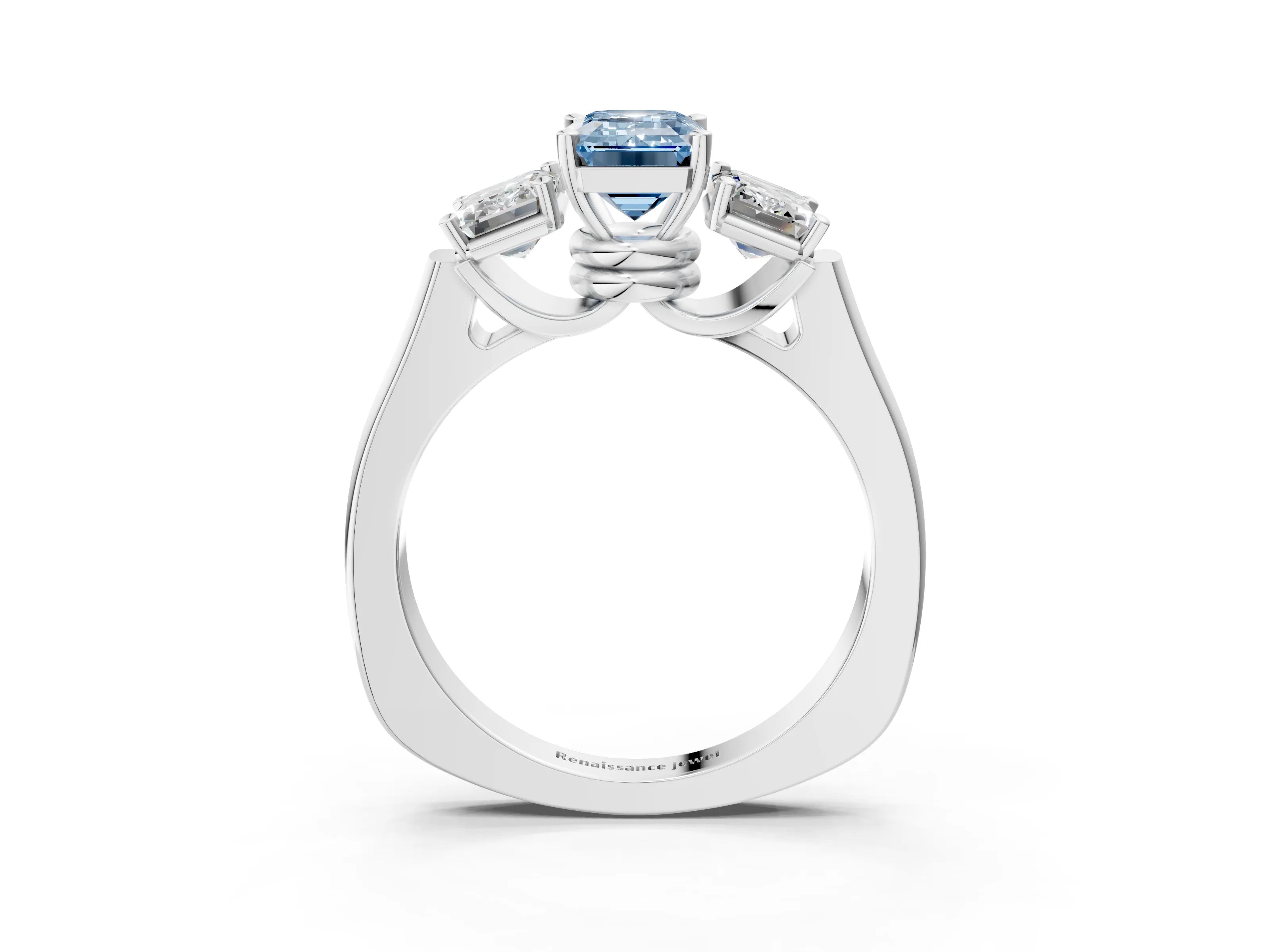 White gold Three-Stone Fancy Blue Emerald Cut Brilliant Diamond Trellis Ring with Comfort Fit Band_15