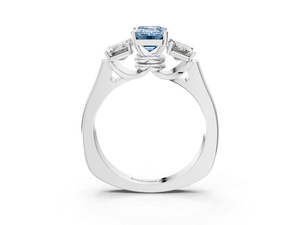 White gold Three-Stone Fancy Blue Emerald Cut Brilliant Diamond Trellis Ring with Comfort Fit Band