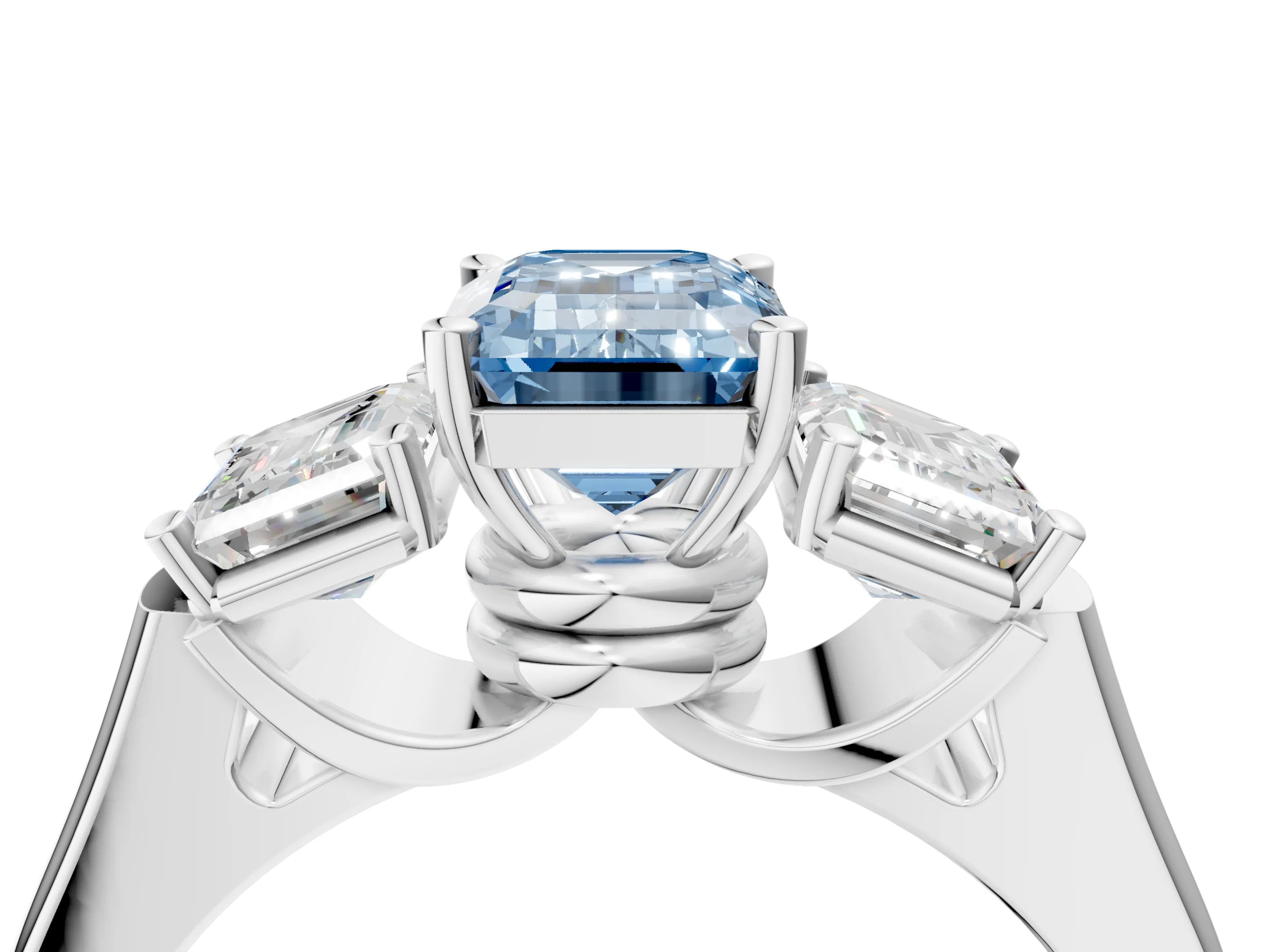 White gold Three-Stone Fancy Blue Emerald Cut Brilliant Diamond Trellis Ring with Comfort Fit Band_16
