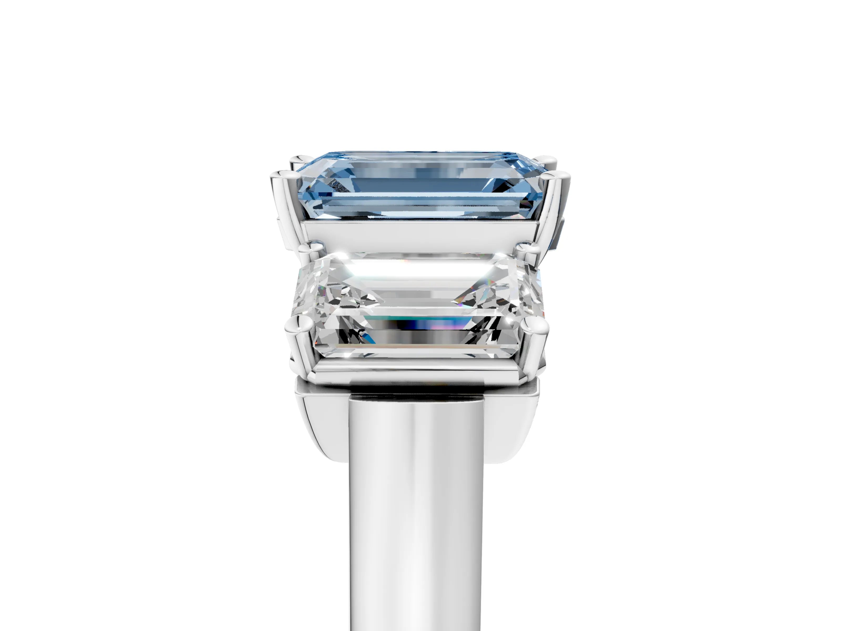 White gold Three-Stone Fancy Blue Emerald Cut Brilliant Diamond Trellis Ring with Comfort Fit Band_17