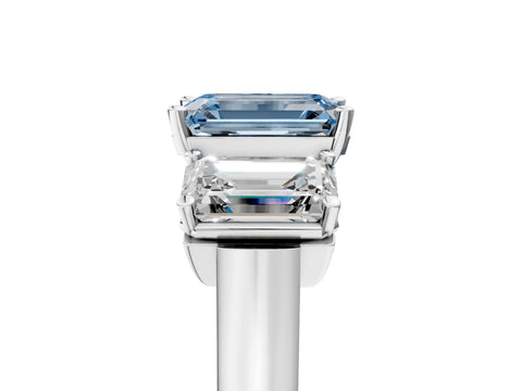 White gold Three-Stone Fancy Blue Emerald Cut Brilliant Diamond Trellis Ring with Comfort Fit Band_17
