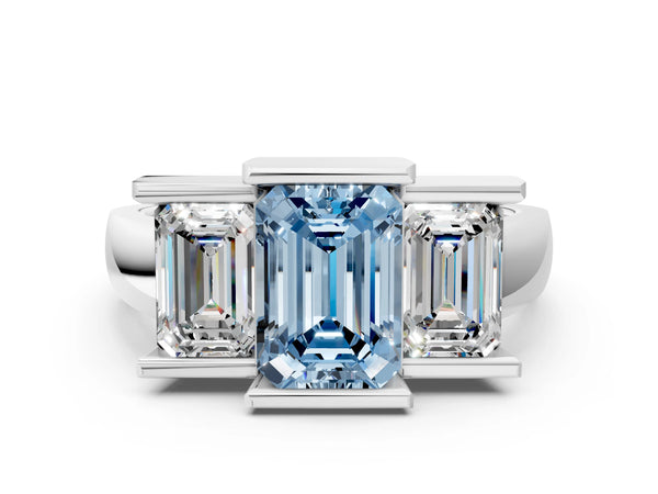 White gold Three Stone Fancy Blue Emerald Cut Cut Channel Set Diamond Ring