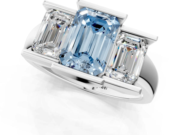 White gold Three Stone Fancy Blue Emerald Cut Cut Channel Set Diamond Ring