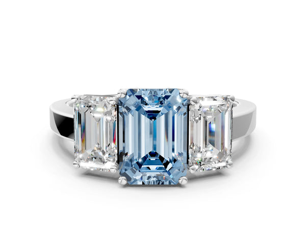 Platinum Three-Stone Fancy Blue Emerald Cut Cut Diamond Engagement Ring with Flat Band and Four-Prong Setting