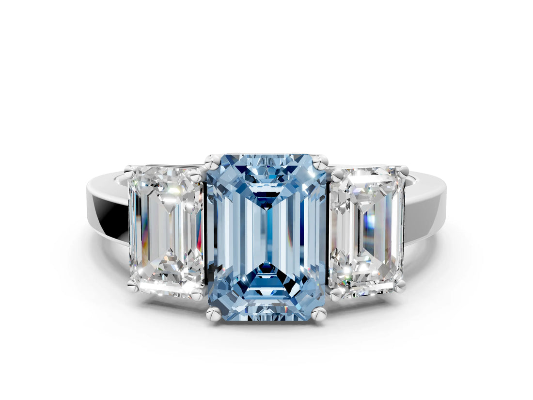 White gold Three-Stone Fancy Blue Emerald Cut Cut Diamond Engagement Ring with Flat Band and Four-Prong Setting_12