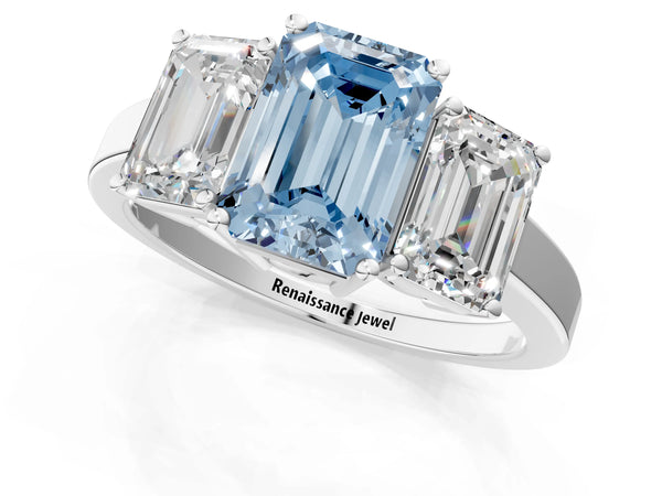 Platinum Three-Stone Fancy Blue Emerald Cut Cut Diamond Engagement Ring with Flat Band and Four-Prong Setting