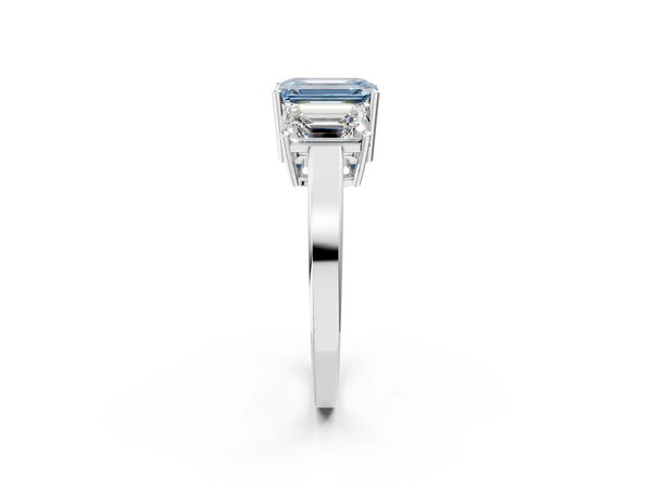 Platinum Three-Stone Fancy Blue Emerald Cut Cut Diamond Engagement Ring with Flat Band and Four-Prong Setting