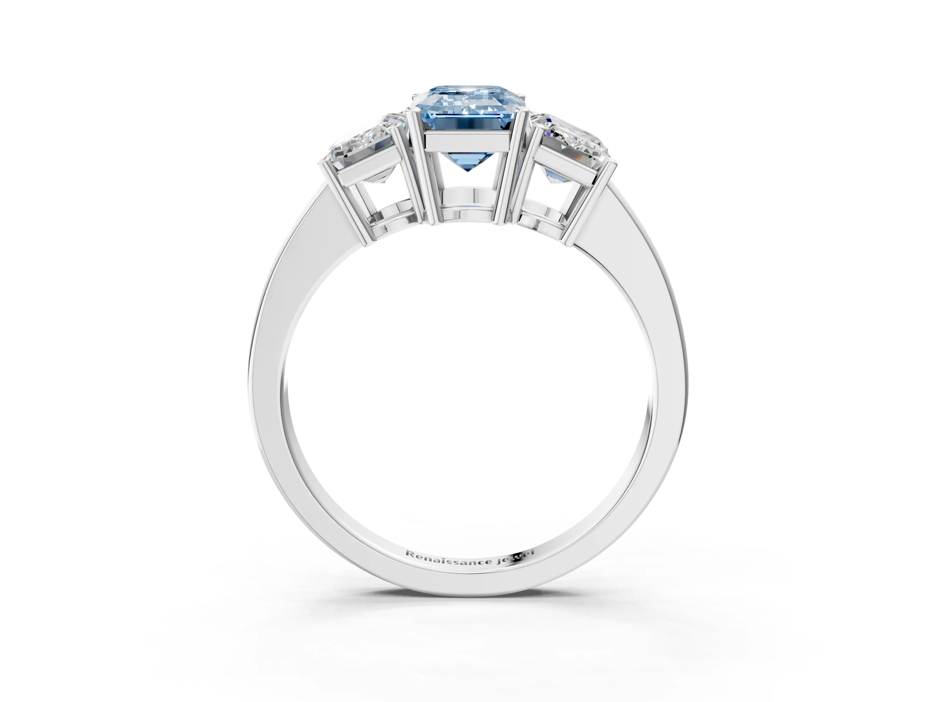 White gold Three-Stone Fancy Blue Emerald Cut Cut Diamond Engagement Ring with Flat Band and Four-Prong Setting_15