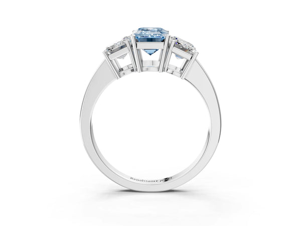 Platinum Three-Stone Fancy Blue Emerald Cut Cut Diamond Engagement Ring with Flat Band and Four-Prong Setting